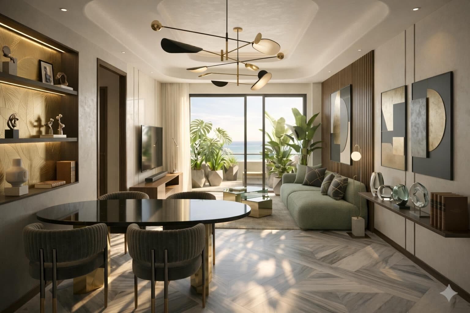 Living room with sculptural brass chandelier and dark marble
