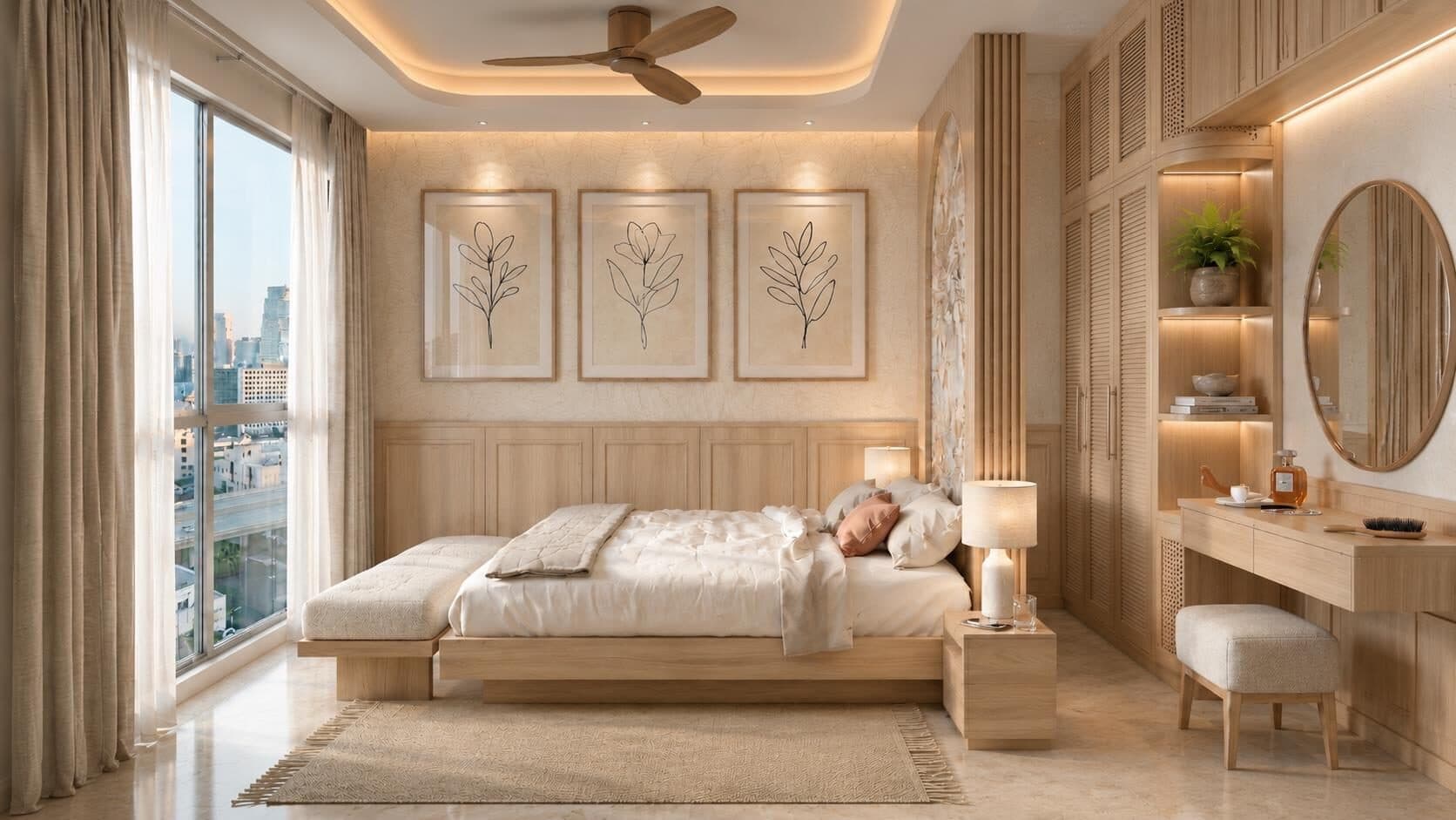 Soft bedroom in layered warm neutrals