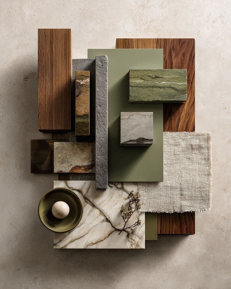 Material palette, timber, stone and greens