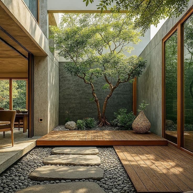 Zen courtyard seen from a warm treatment room
