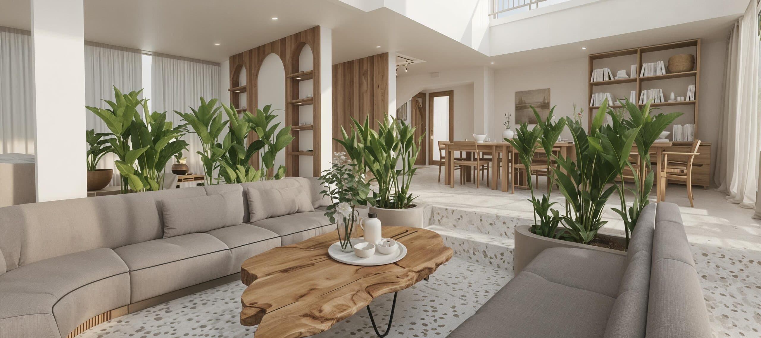 Concept living space with layered natural materials