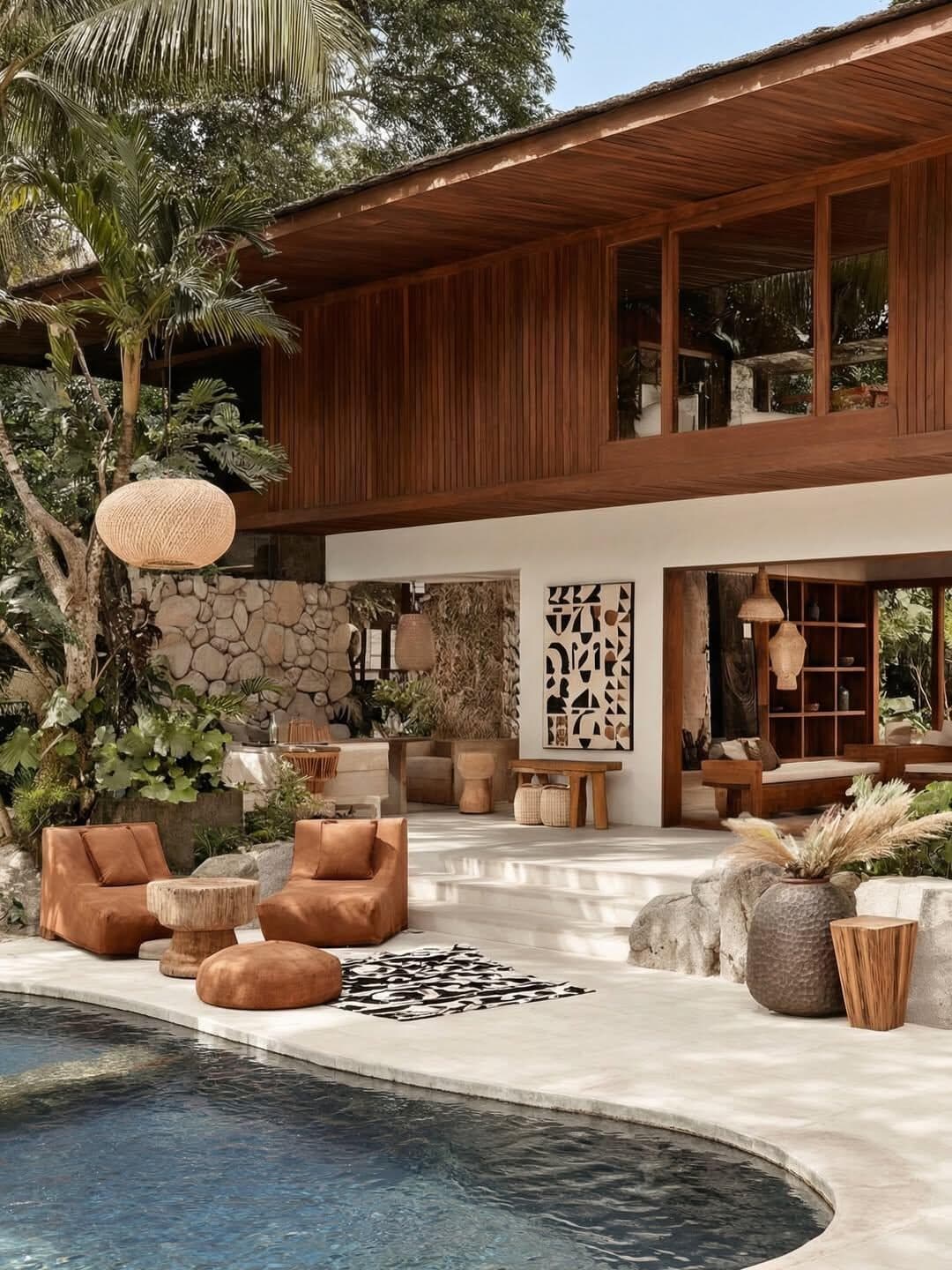 Courtyard lounge with bespoke leather and timber furniture